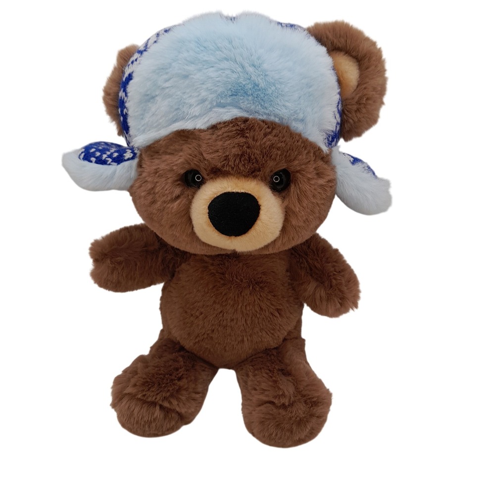 Aurora Brown Teddy Bear Plush Blue Knit Trapper Hat Winter Snowflake Stuffed Toy - Picture 1 of 6